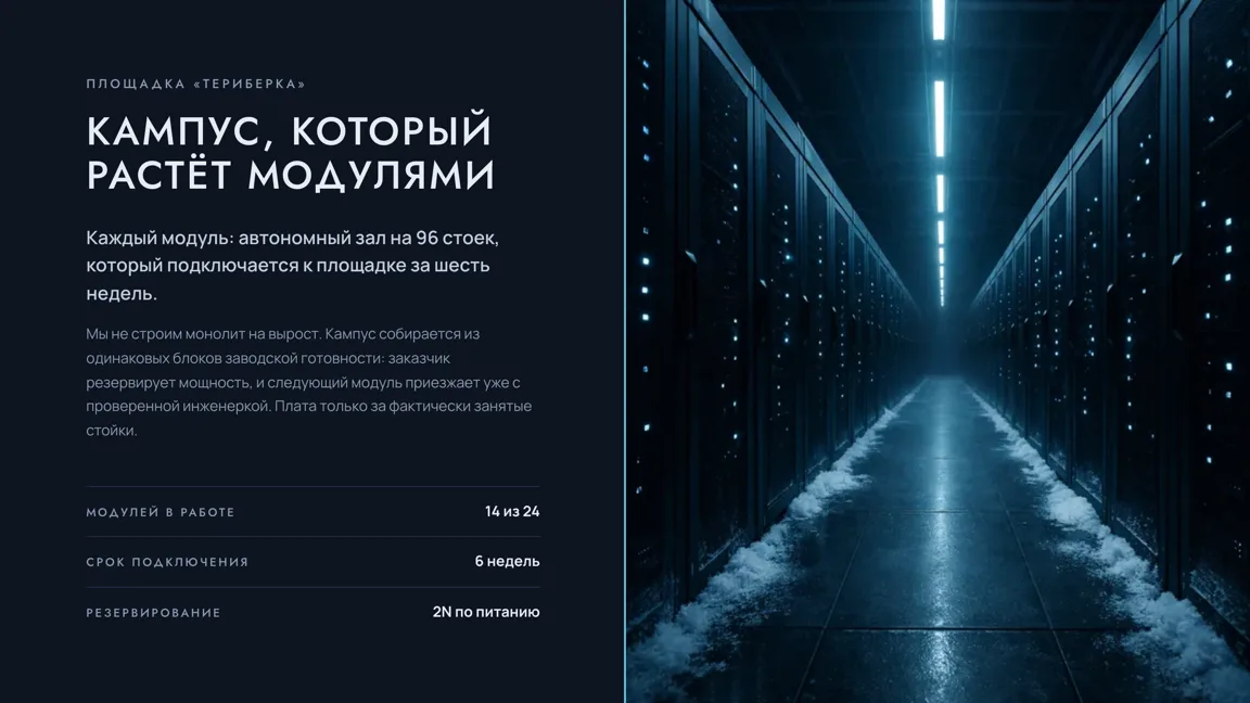 Слайд «Кампус, который растёт модулями» после команды «Замени фото на машинный зал»