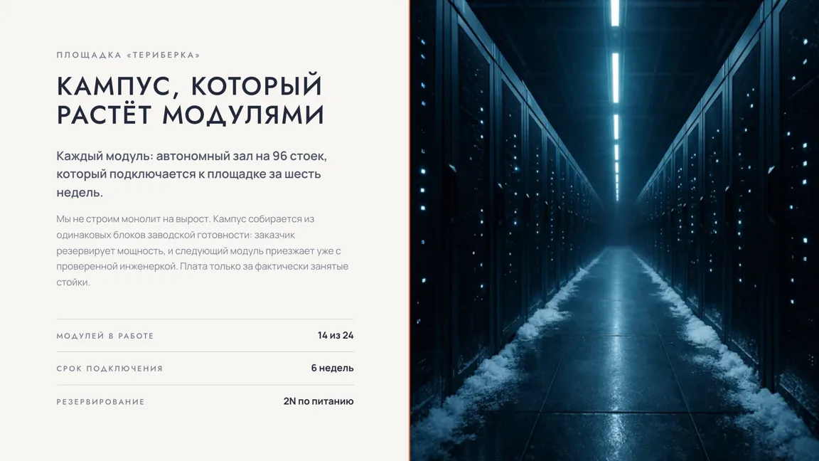 Слайд «Кампус, который растёт модулями» после команды «Примени наш брендкит»