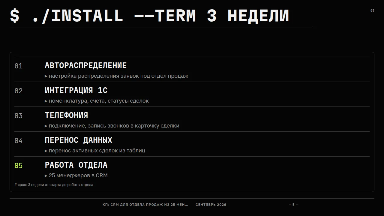 Слайд «$ ./install --term 3 недели»