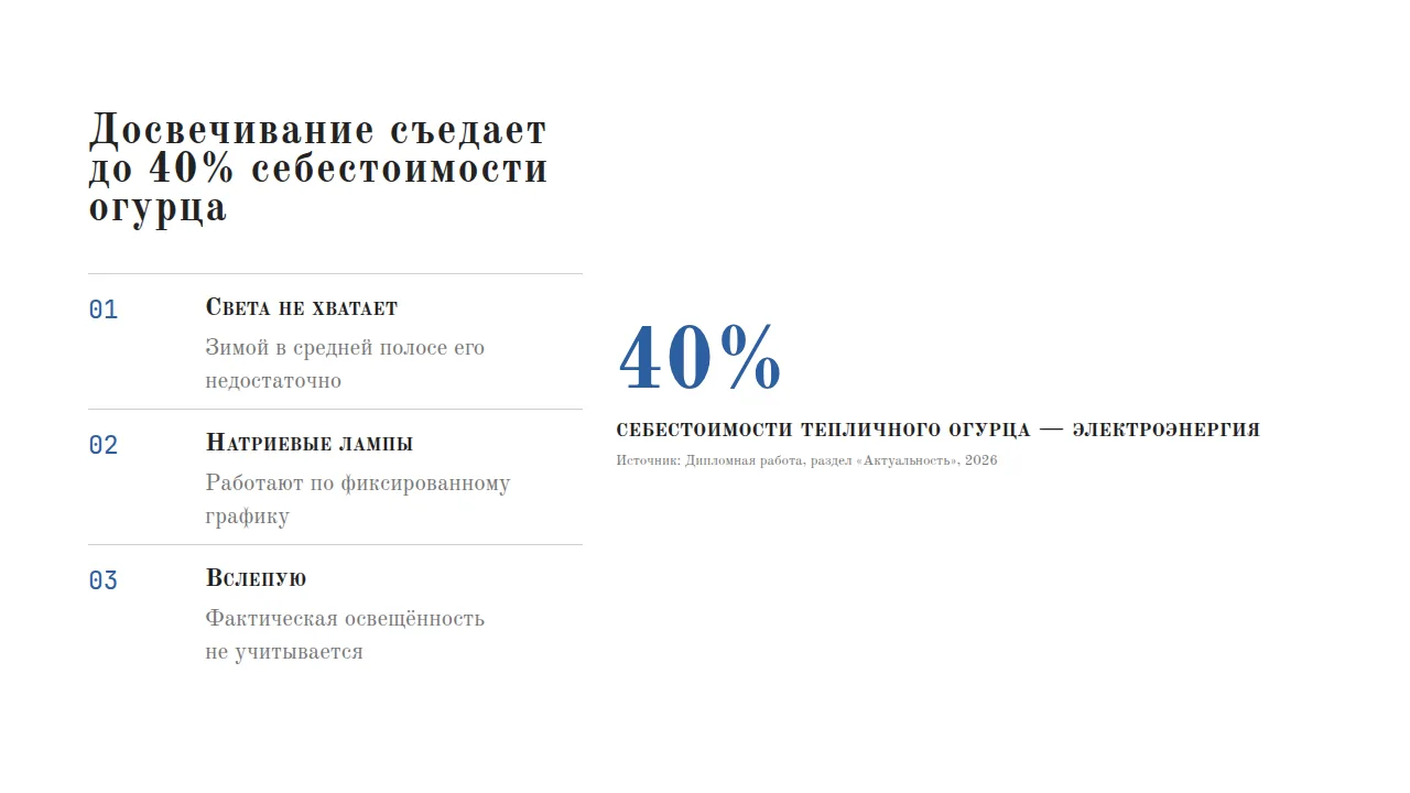 Слайд «Досвечивание съедает до 40% себестоимости огурца»