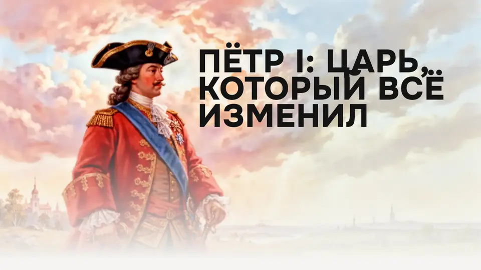 Обложка презентации «Пётр I: царь, который всё изменил»: Пётр в красном мундире и треуголке на фоне облаков