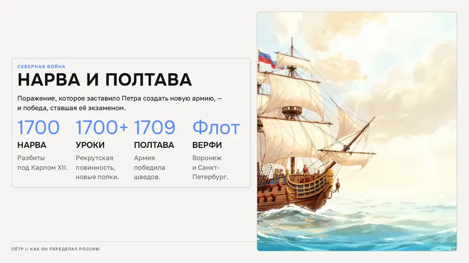 Слайд «Нарва и Полтава»: парусный корабль в море и даты 1700, 1709