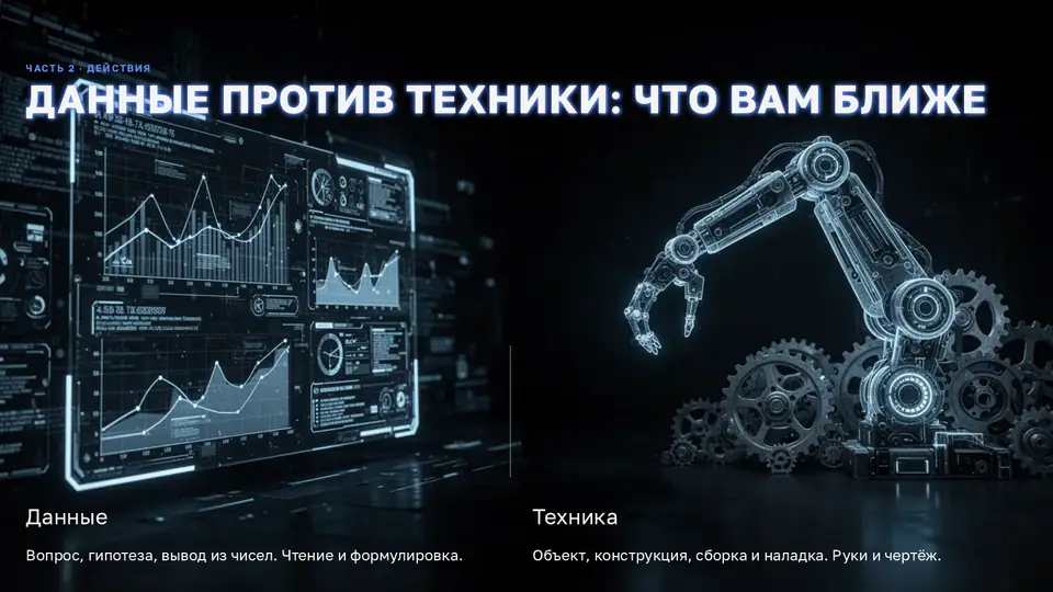 Слайд «Что вам ближе»: экраны с графиками и рука робота