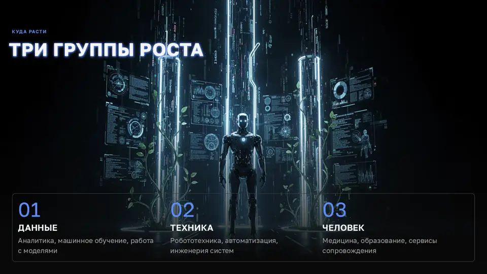 Слайд «Три группы роста»: фигура человека среди светящихся экранов
