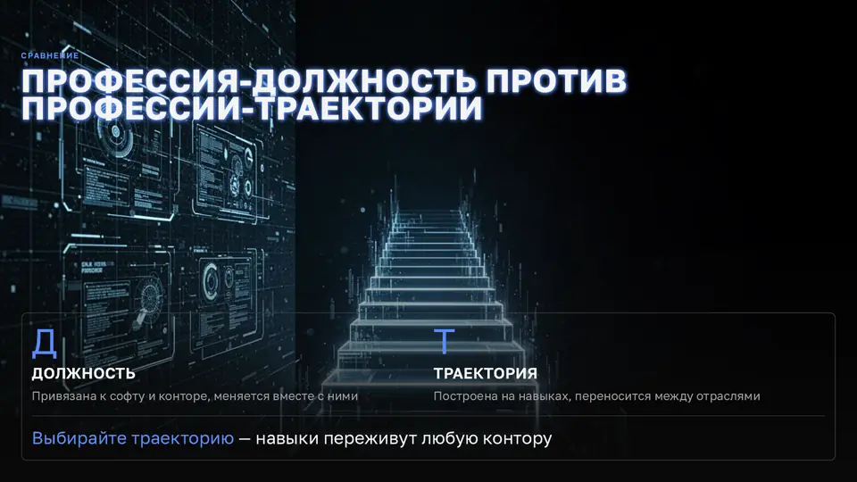 Слайд «Профессия-должность против профессии-траектории» с лестницей в темноте