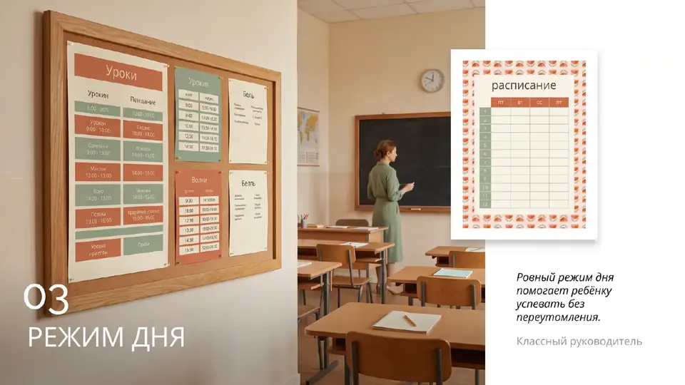 Слайд «Режим дня» с расписанием на стене