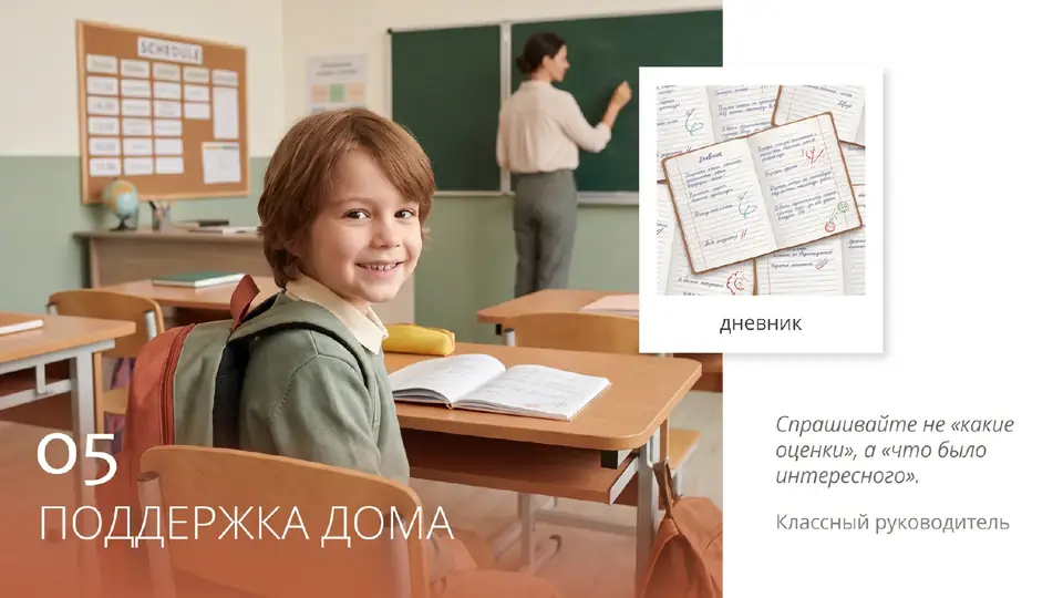 Слайд «Поддержка дома»: ученик с рюкзаком в классе