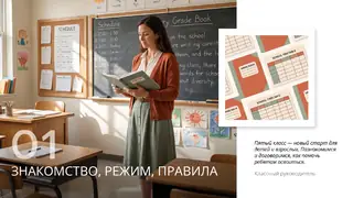 Слайд «Знакомство, режим, правила»: учительница с журналом у доски в классе